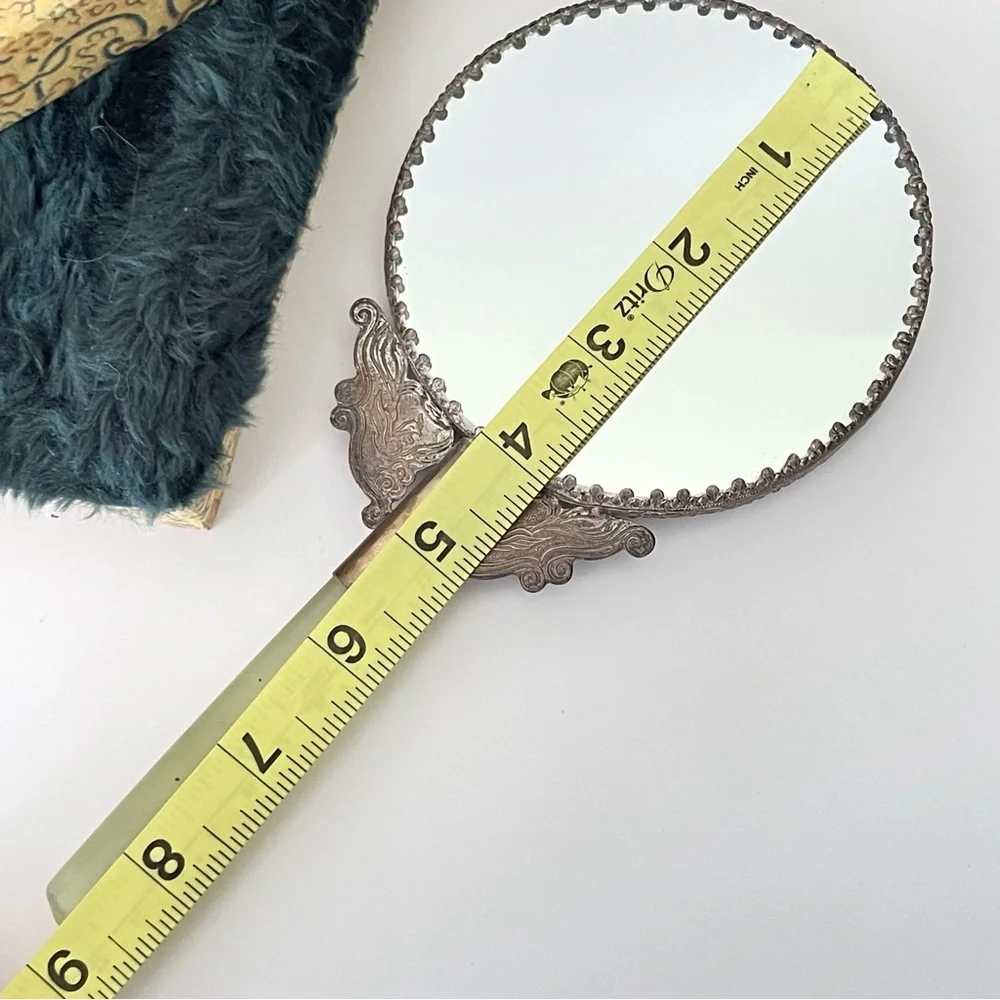 Vintage hand held vanity mirror jade handle silver tone birds floral metal